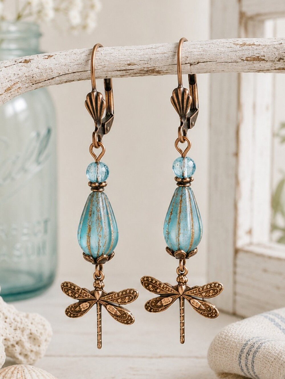 Dragonfly Sea Glass Earrings Coastal Cottage Copper Jewelry Hand Crafted